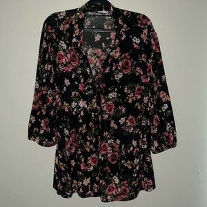 Floral Black and Pink Long Sleeved Blouse, Formal or Casual 2XL
